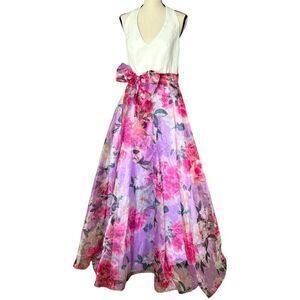 NWT ELIA J FLORAL HALTER NECK FULL LENGTH GOWN SZ: 8